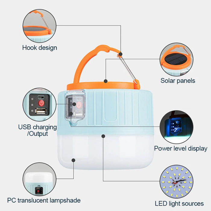 High Power Solar LED Camping Light Waterproof Rechargeable